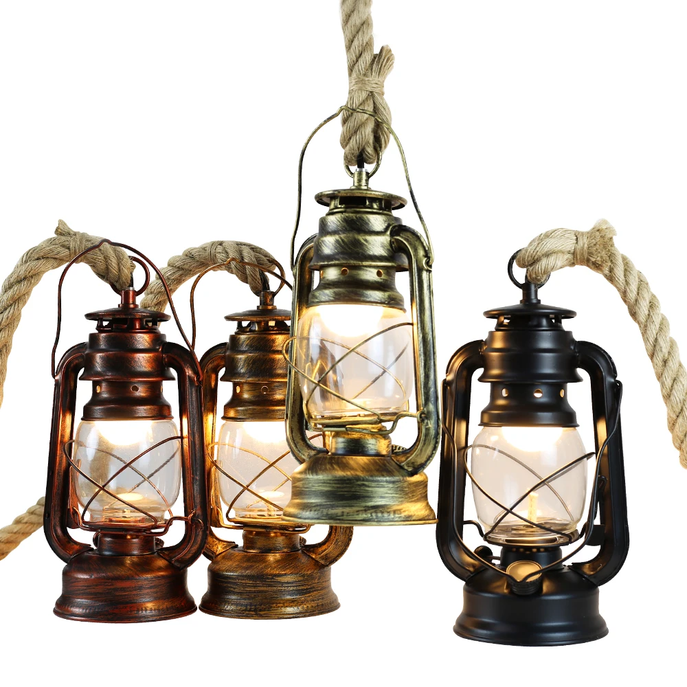 E27 chanvre corde lanterne suspension lampe rétro pendentif lumières Vintage industriel lampe à main Loft décoration de la maison lampe intérieure barre lumière