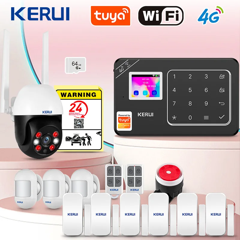 KERUI WiFi/4G GSM Heim-Einbruchalarm mit PIR-Bewegungssensor, Türsensor, Tuya Smart, unterstützt Alexa, Sicherheitsalarmsystem W184 Image