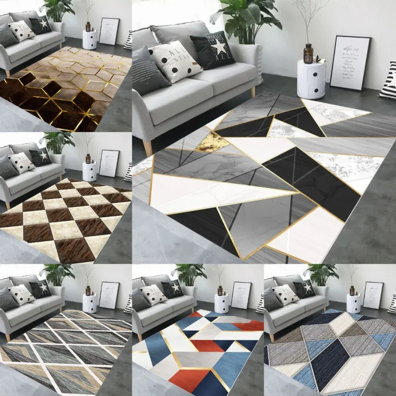 3D-gedruckter Teppich mit geometrischem Muster, nordisches minimalistisches Design, Wohnzimmer-Matte, Teppich, Heimdekoration, goldener Akzent, Sofa-Bodendekoration Image