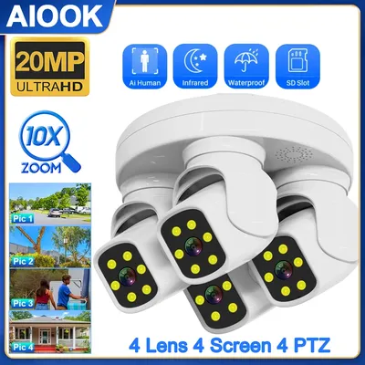 AIOOK ICAM365 Four Lens Wifi Camera HD 20mp 10X ZOOM Outdoor IP Camera Mobile Tracking Night Vision PTZ Camera Two-way Intercom