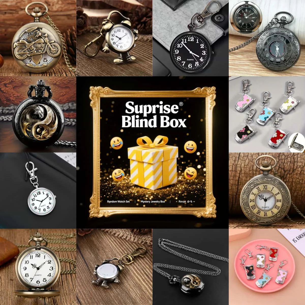 1PC geheimnisvolle zufällige Herrenuhr Blind Box Retro einzigartige Quarz-Taschenuhr mit Halskette Kette perfektes Geschenk für Freunde oder Papa Image