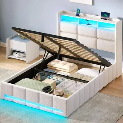 Upholstered Bed Frame with Lift Up Storage, Charging Station, LED Lights, and Heavy Duty Wooden Slats bedroom furniture twin bed