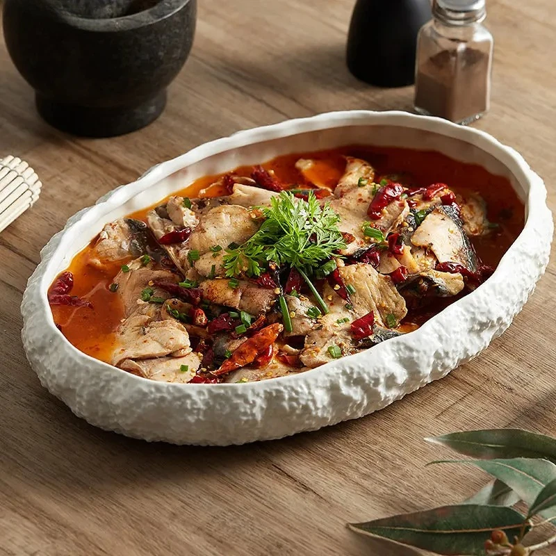 Rock Textur Keramik Hauptschale Teller Küche Haushalt Pasta Steak Teller Teller Kreatives reinweißes charakteristisches Geschirr Image