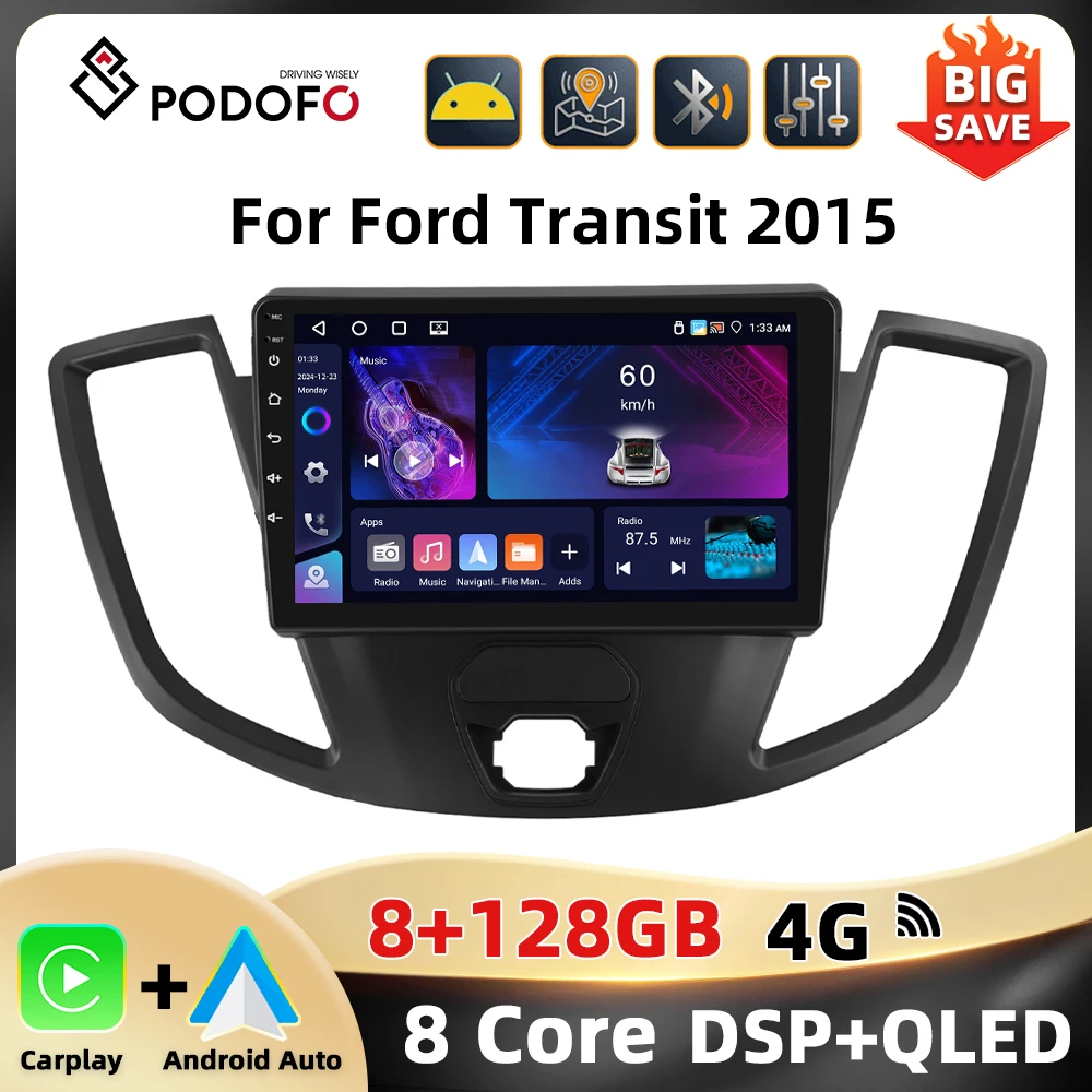 Podofo 9'' 2Din Autoradio For Ford Transit 2015 Car Stereo Carplay Android Auto WIFI 4G 8+128G Bluetooth GPS AI Voice Car Audio Image