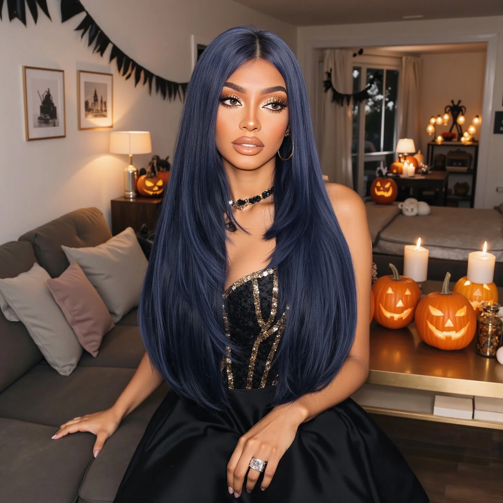 Halloween lange gerade Perücken dunkelblaue synthetische Perücke mittlerer Teil geschichtetes Kunsthaar für Frauen tägliche Cosplay Party hitzebeständig Image