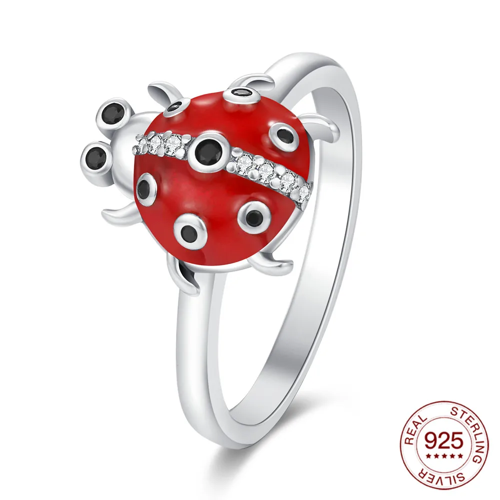 Neuer Kreativer Ring aus reinem Silber mit Insektenmotiv, niedlicher siebenspärtiger Marienkäfer-Ring, Damenschmuck, tägliches Geschenk, originelles Design Image