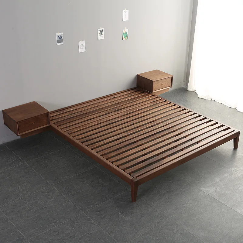Japanisches, modernes, einfaches Tatami-Bett aus schwarzem Walnussholz, nordisches Bett ohne Rückenlehne, komplett aus Massivholz, kein Nachttisch-Bettgestell Image