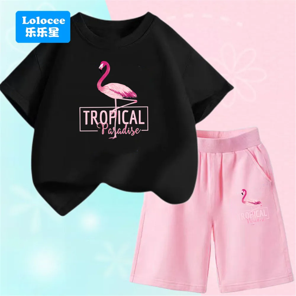 Girls' Tropical Flamingo T-Shirt 2-Piece Set Short Sleeve Shorts Fashion Hawaiian Casual Holiday Sports Outfits HLN1