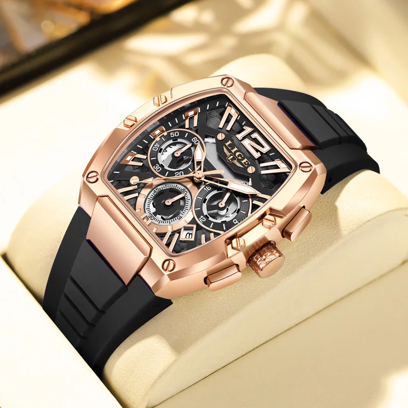2025 LIGE Neue Herrenuhr Chronograph Quarz Tonneau Zifferblatt Goldene Sportuhr Lässige Mode Silikonarmband Herrenuhr + Box Image