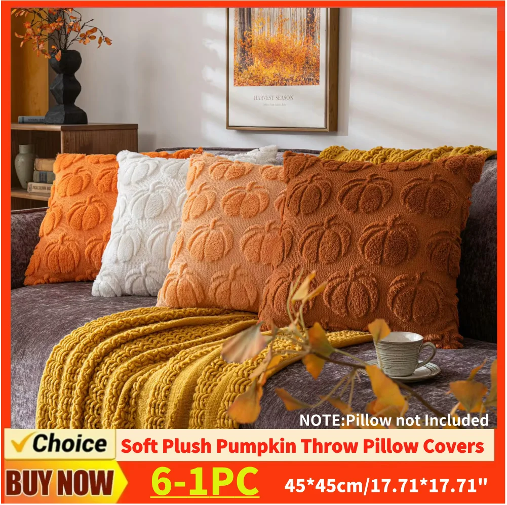 6–1 Stück Kürbis-Herbst-Kissenbezüge, Dekokissenbezüge, Kissenbezug für Zuhause, Sofa, Couch, Halloween-Dekoration, Zuhause, Party-Dekoration, 45 x 45 cm Image