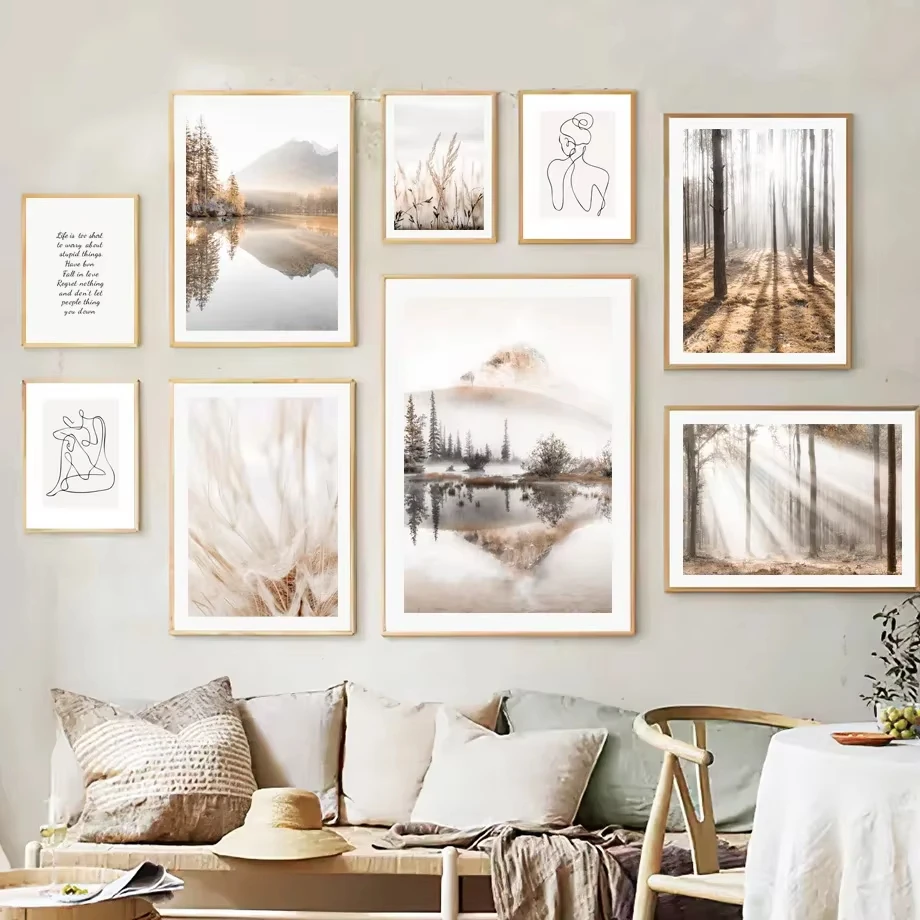 Beige Berg See Wald Landschaft Linie Zitate Wand Kunst Leinwand Malerei Nordic Poster und Drucke Wohnzimmer Dekoration Mur
