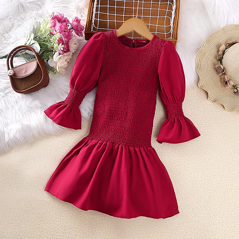Mädchen Frühling Herbst Rot Langarm Geraffte-Mieder Trompete Ärmel Fischschwanz Kinder Prinzessin Kleid Urlaub Party Geburtstag Baby Kleid Image