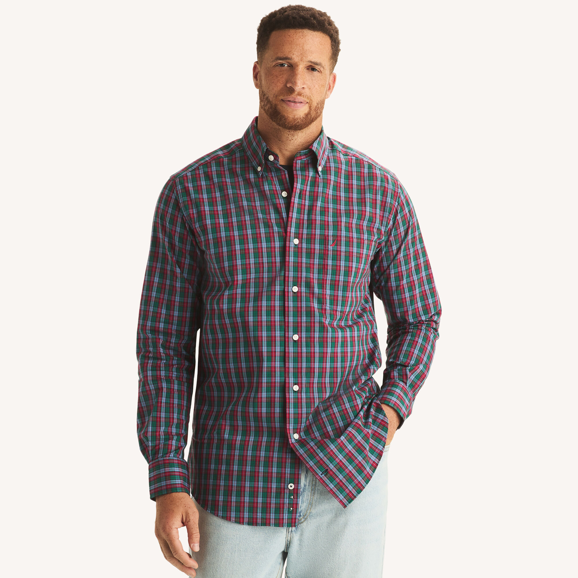 Nautica Men's Big & Tall Classic Fit Plaid Shirt 690 (Rio Red), 2XLT