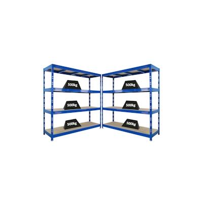 PROREGAL Mega Deal | 2x Profi Schwerlastregal Rhino | HxBxT 200x200x60cm | 4 Spanplatten-Ebenen 8mm | Fachlast 500kg | Blau | Stecksystem Lagerregal Image