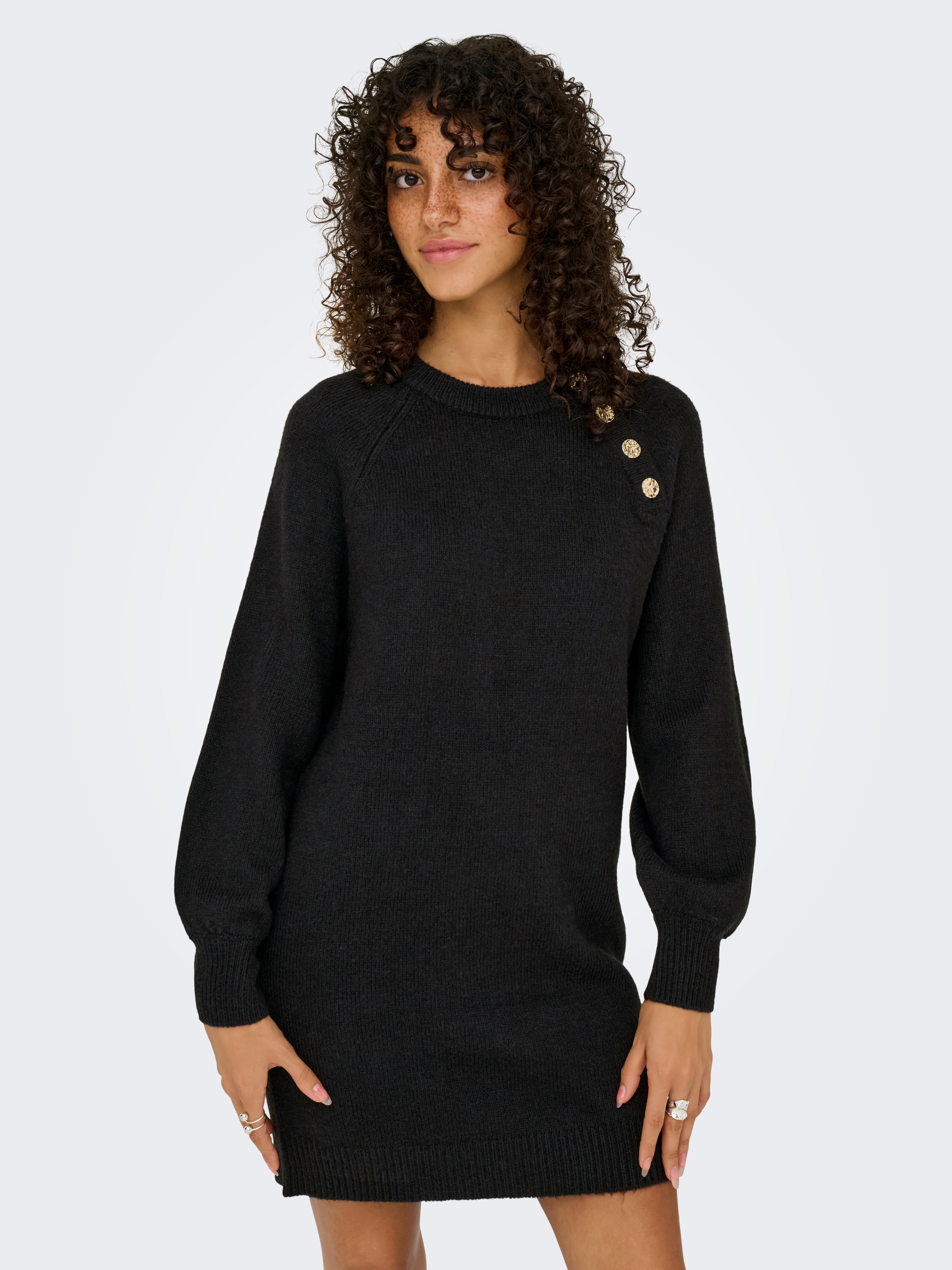 Midikleid ONLY "ONLEMMA LIFE LS BUTTON ONEC DRESS CC KNT", Damen, Gr. L, N-Gr, schwarz (schwarz detail:gold button), Obermaterial: 50% Polyacryl, 50% Polyester, unifarben, regular fit, Rundhals, Rippbündchen, Kleider Midikleid, Sommerkleid