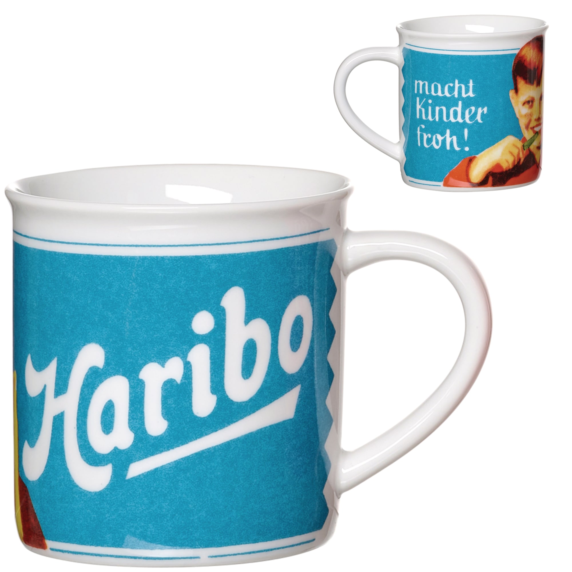 Becher RITZENHOFF & BREKER "HARIBO Retro, Kinder froh, 380 ml", blau, B:13cm H:9cm Ø:9cm, Porzellan, Trinkgefäße, Becher, spülmaschinenfest Image