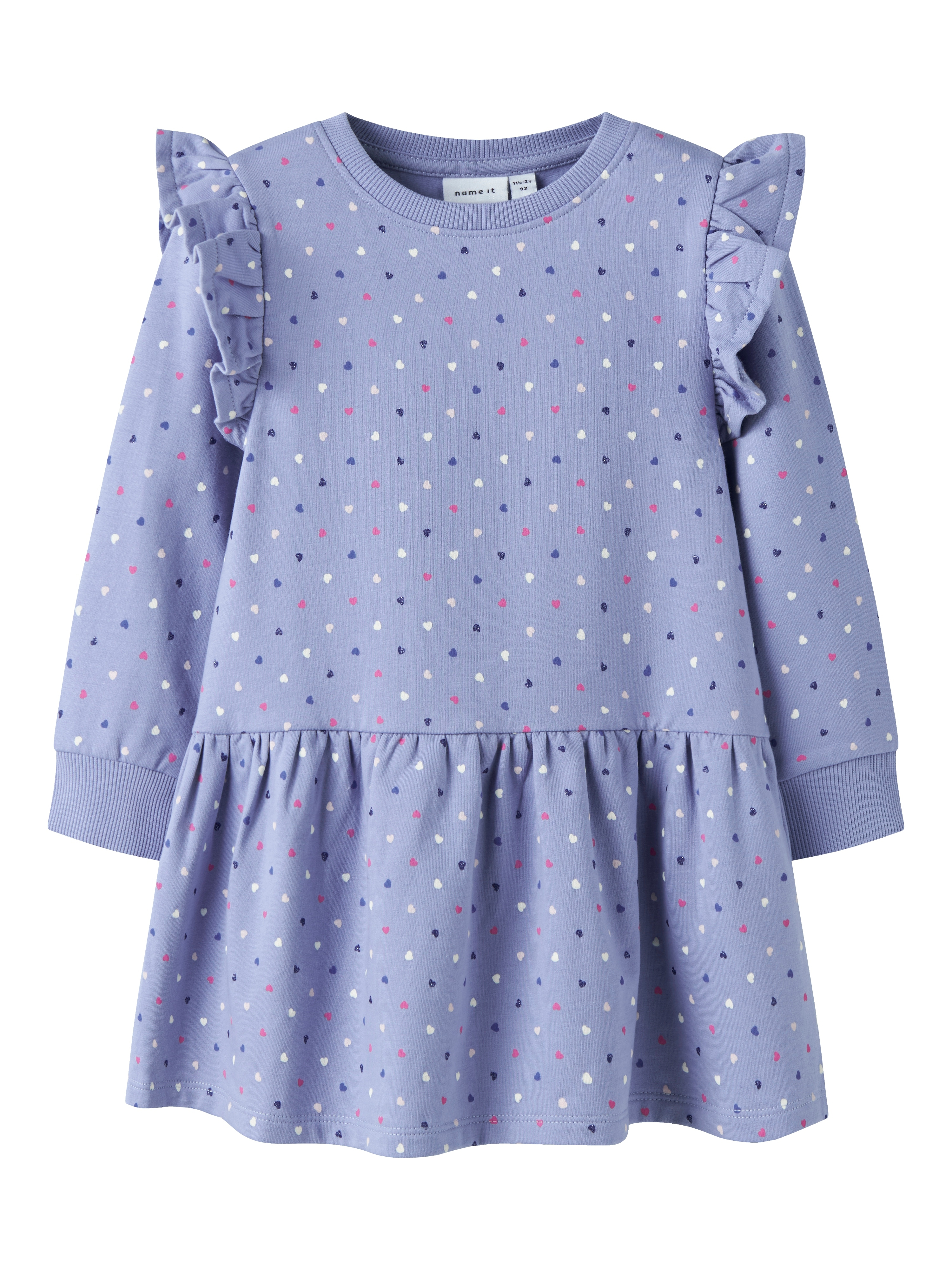 Minikleid NAME IT "NMFOEANA LS SWE DRESS BRU PB", Mädchen, Gr. 92, N-Gr, lila (lila impression), Jersey, Obermaterial: 95% Baumwolle, 5% Elasthan, bedruckt, regular fit ca. Mitte Oberschenkel, Rundhals, Kleider Image