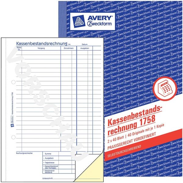 Avery Zweckform Formularbuch »Kassenbestandsrechnung 1758« 2x40 Blatt selbstdurchschreibend weiß, 14.8x21 cm Image