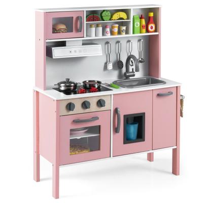 Costway Wooden Pretend Play Kitchen Set for Toddlers-White and Pink