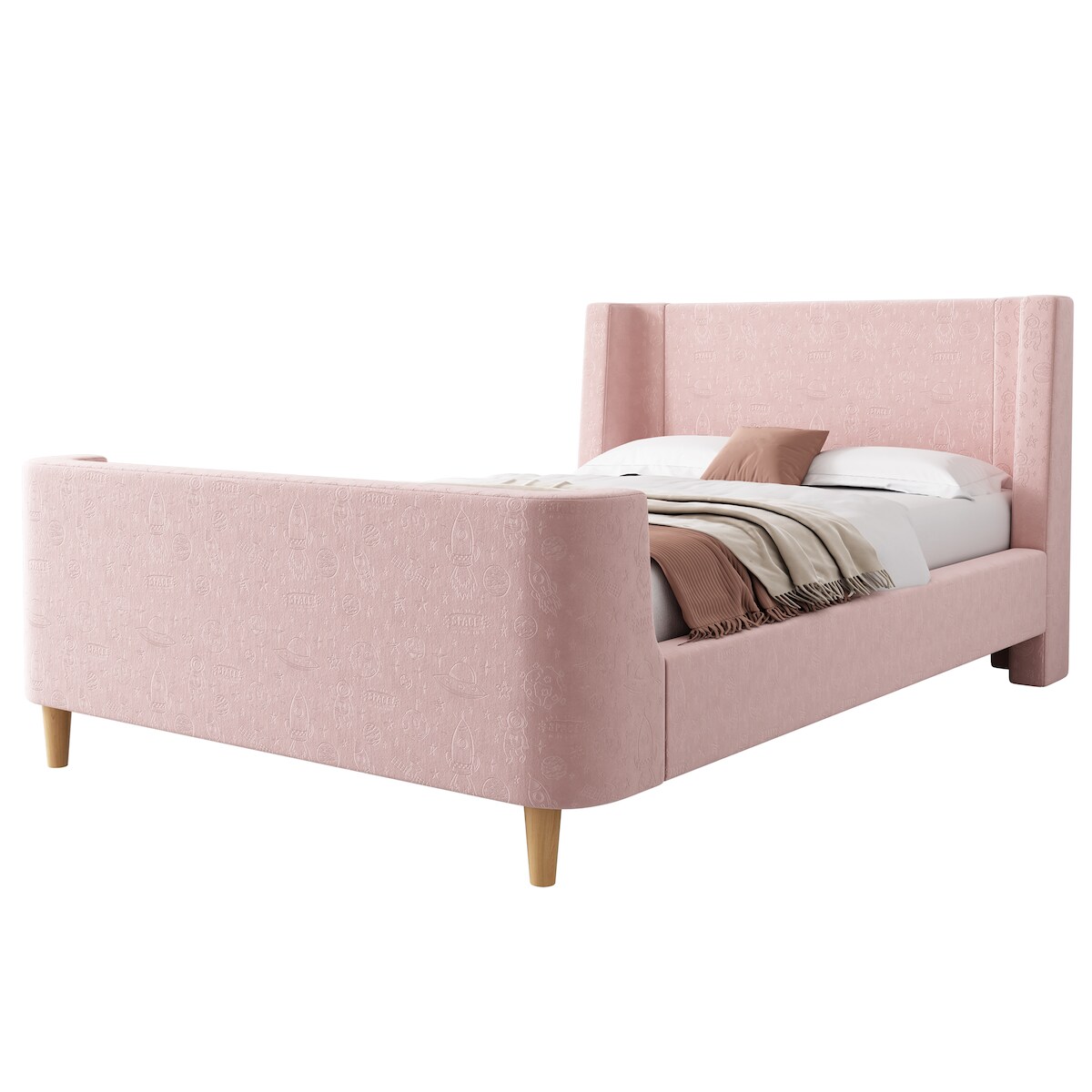 OKWISH Schlittenbett 200x90 mit Cartoon Weltraummuster Samtbezug stabiler Massivholz Lattenrost gepolstertes Kopfteil Schaumstoff Komfort Rosa Image