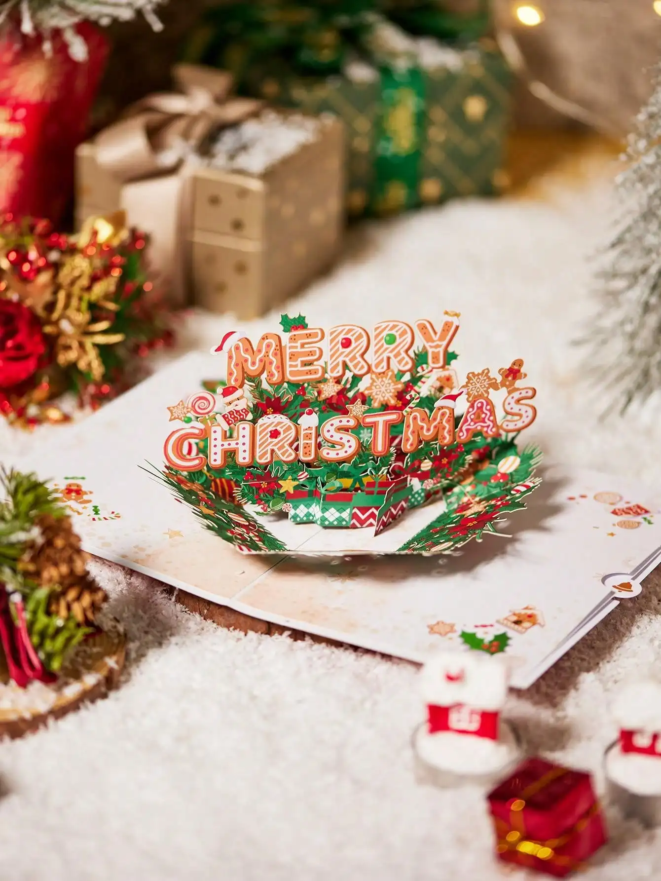 1 Stück Frohe Weihnachten Slogan Pop-Up-Karte, Geschenk für Sie, Weihnachtsgeschenke, Weihnachtsgrußkarte, Weihnachtskranzmuster Image