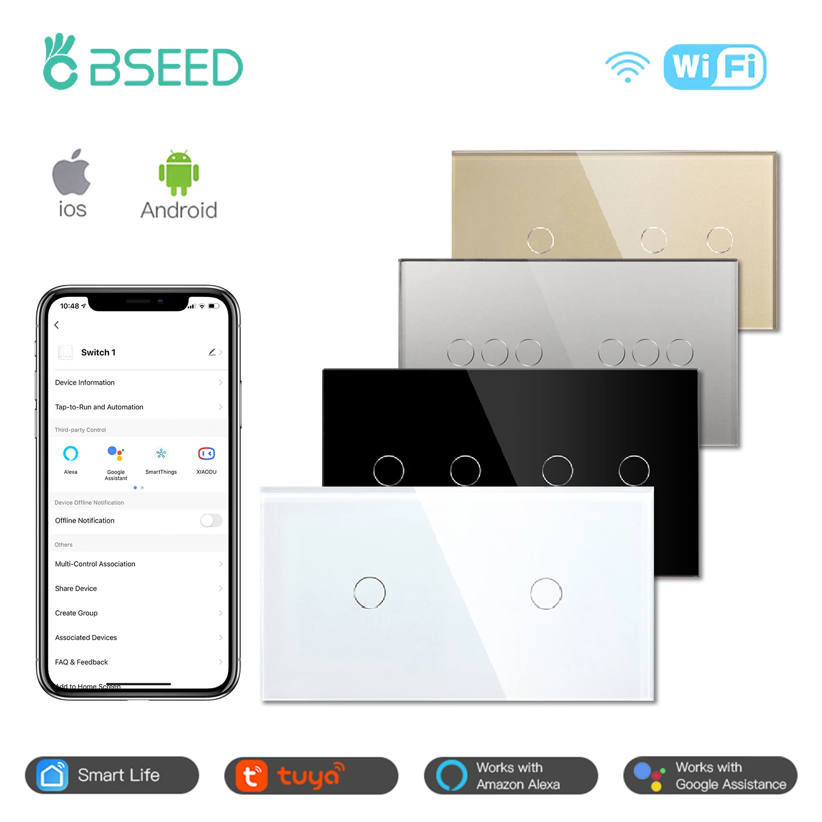 BSEED WIFI Wand Touch Schalter 1Gang 2Gang 1/2/3Way Tuya Licht Schalter Drahtlose Steuerung smart Switch Google Home Alexa Smart Leben Image