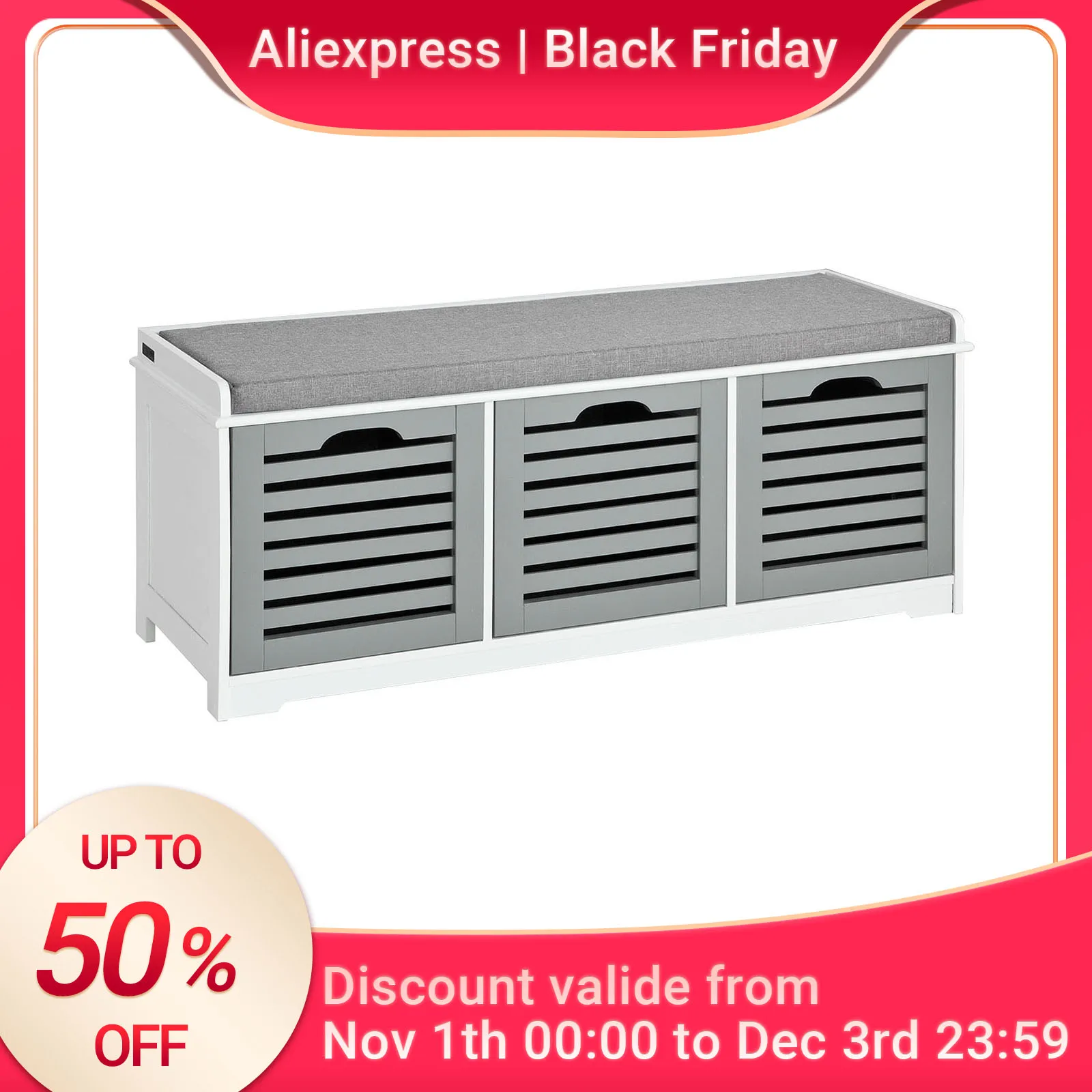 SoBuy FSR23 Schuhtruhe Schuhschrank mit Sitzkissen Spieltruhe Sitzkommode mit 3 Körben Sitzbank BHT ca: 105x43x35cm