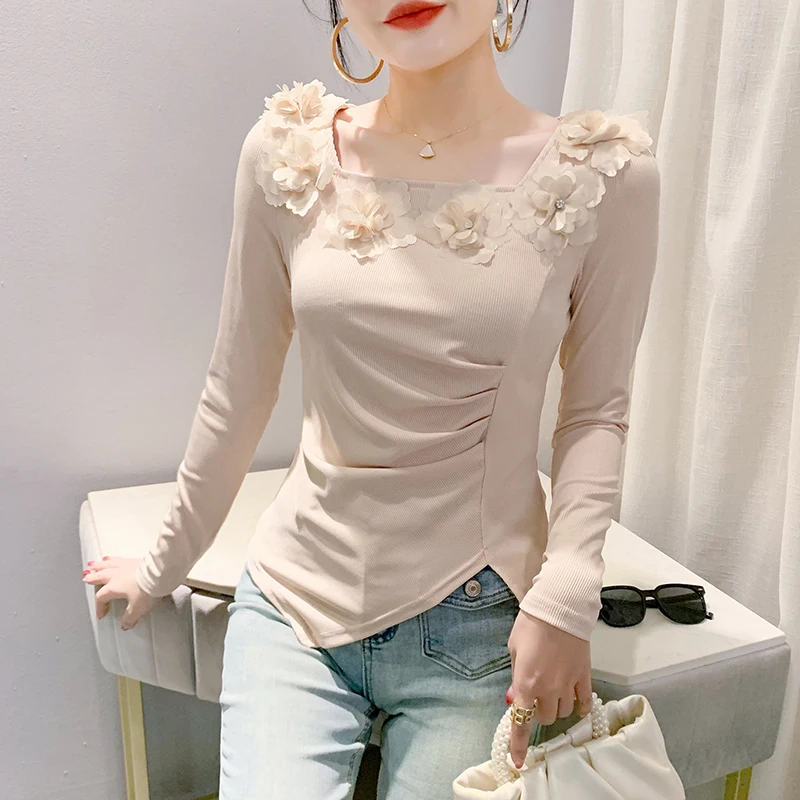2024,New,European,Clothes,T-shirt,Sexy,Draped Square Neck,Patchwork,Three-dimensional Flower,Women,Tops,Long Sleeve,Tees,41068