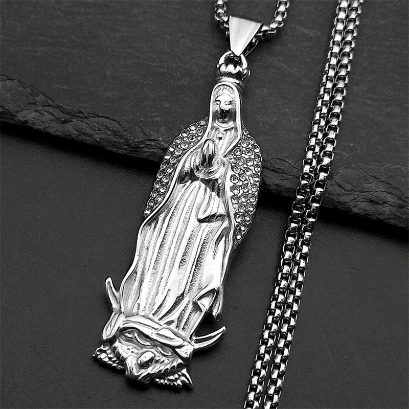 Katholische Jungfrau Maria Strass Anhänger Halskette für Frauen Männer Edelstahl Gold Silber Farbe Guadalupe Gebet Schmuck Image