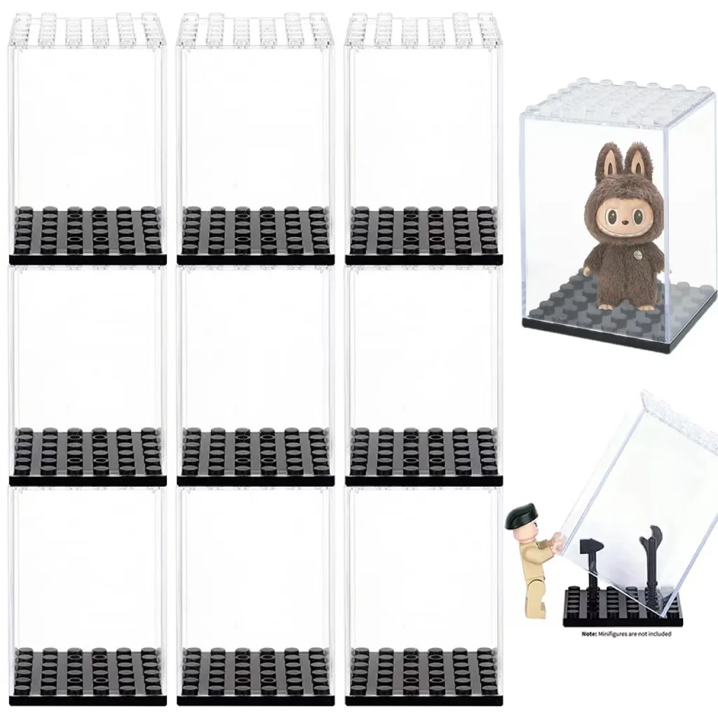 Minifiguren-Vitrine – staubdichte Lego-kompatible Bausteine, Vitrine, transparente rechteckige Basis für Vinylspielzeug für Labubu
