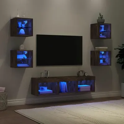 7 Piece TV Wall Unit Set with LED Smoked Oak Engineered Wood