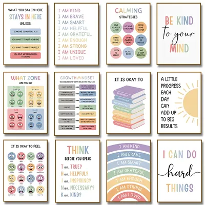 Be Kind To Your Mind Rainbow Affirmations Kids Inspirational Posters, Canvas Painting Print Boho Nursery Classroom Home Decor