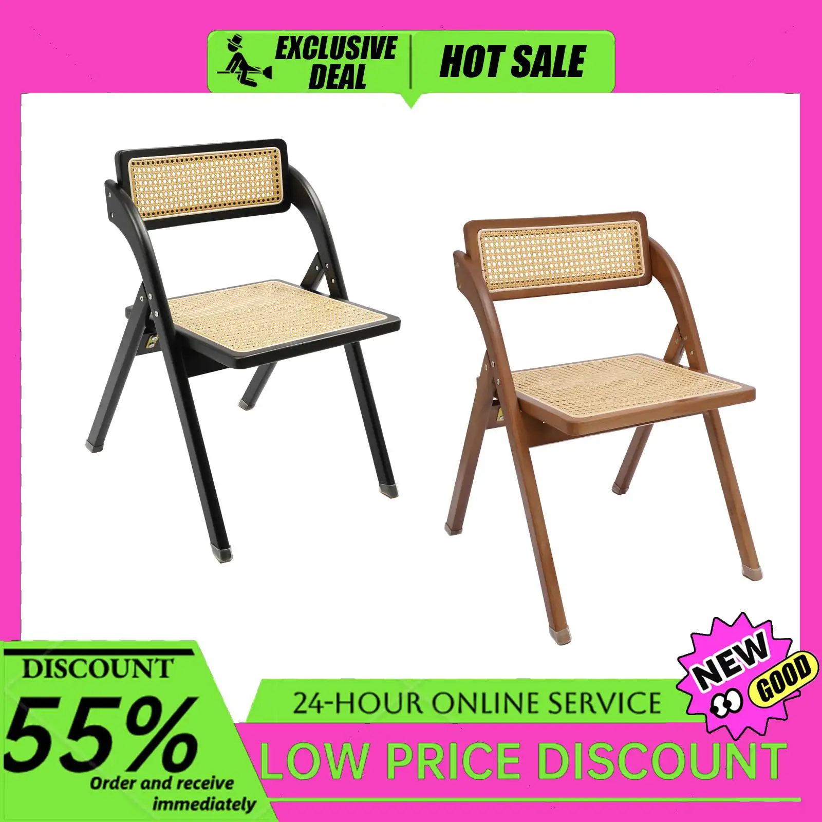 Rattan-Klappstuhl, 220 Pfund, Retro-Holz, zusammenklappbarer Rattan-Esszimmerstuhl für drinnen und draußen Image