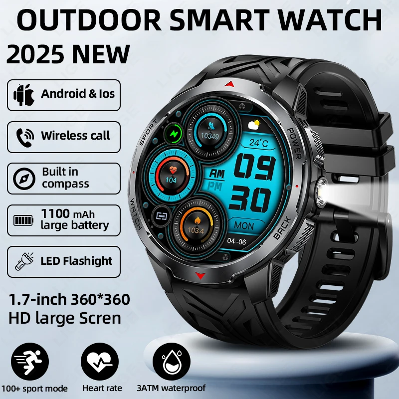 LIGE Sport Smart Uhr Für Männer Bluetooth Anruf 1100 mAh Große Batterie Outdoor Kompass Uhren 3ATM Wasserdichte Musik Smartwatch neue Image