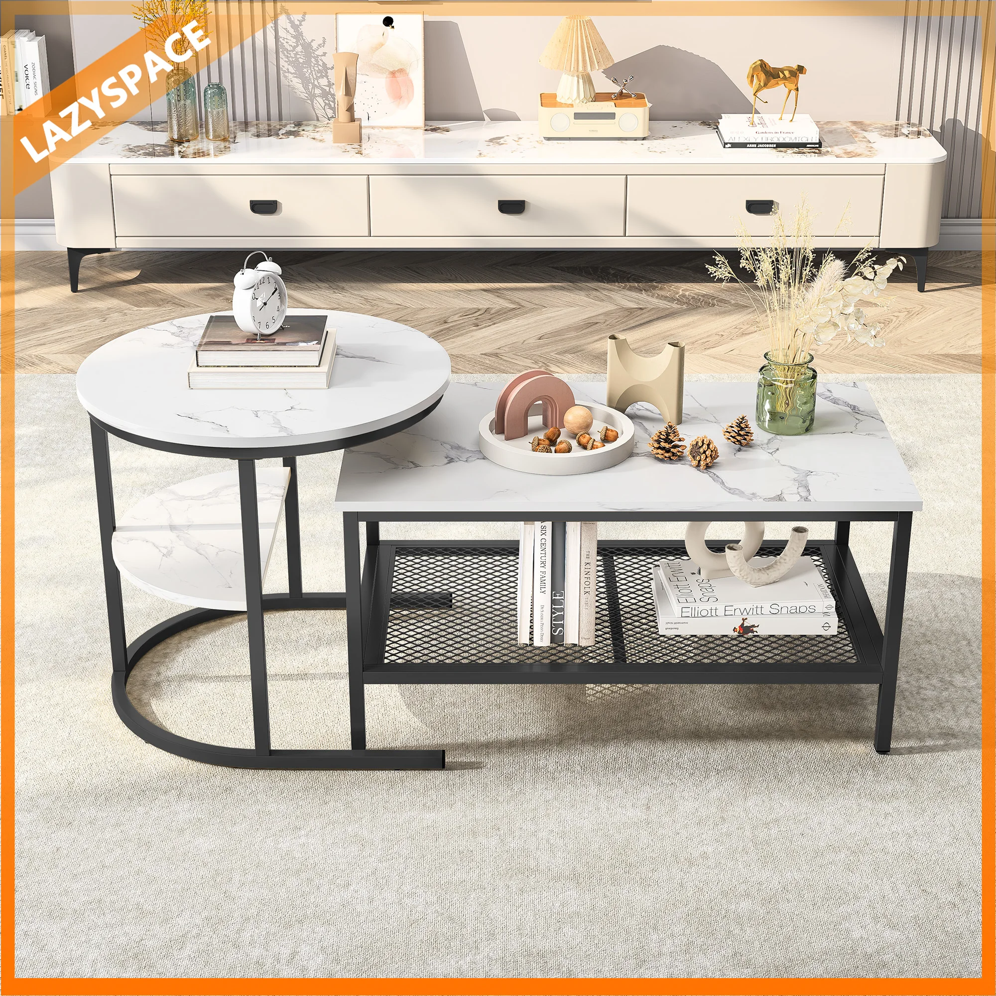 Lazyspace Lot de 2 tables basses, tables d'appoint en bois, aspect marbre avec structure et étagère en métal, table de canapé pour salon, chambre à coucher