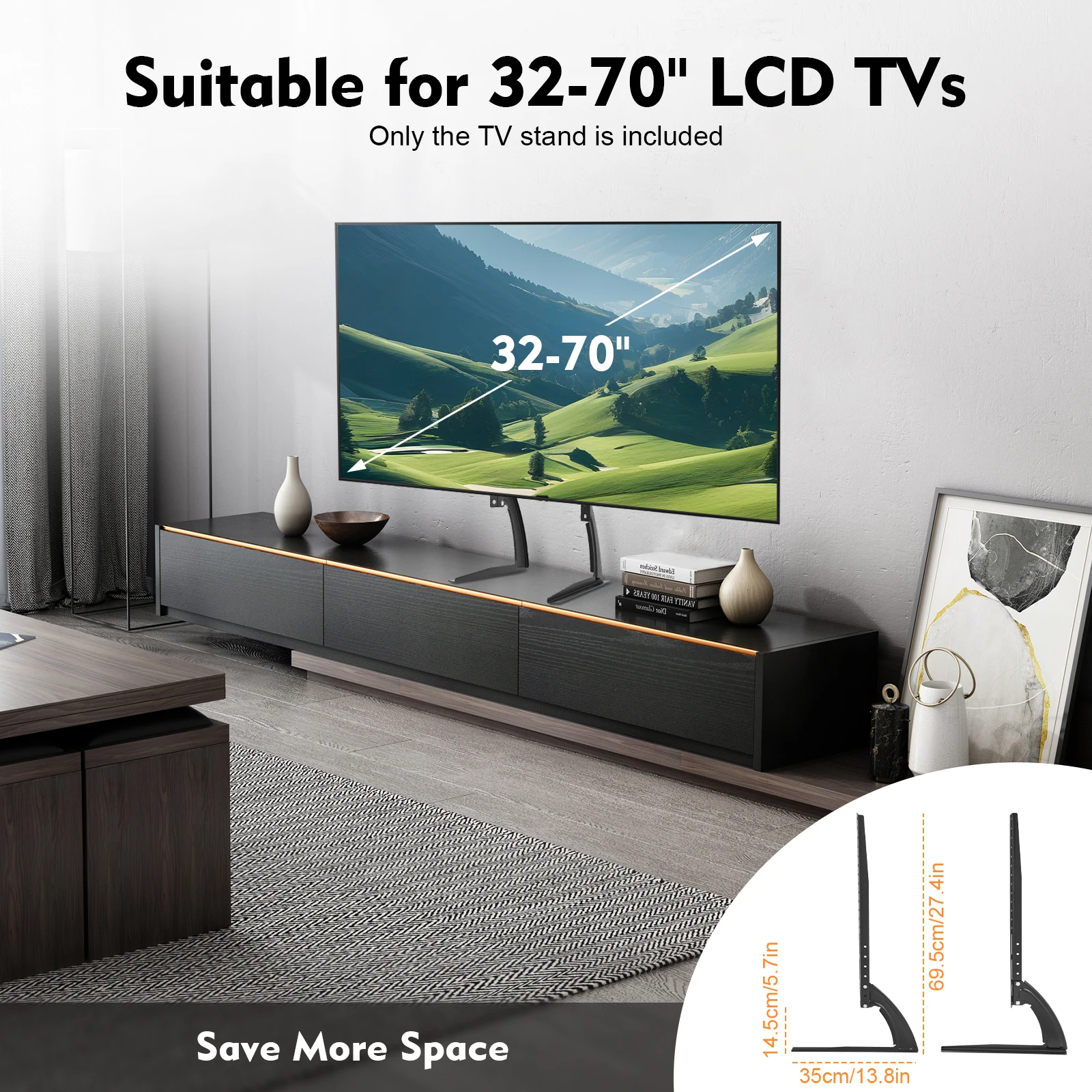 Meuble TV de table universel pour téléviseurs LCD 32-70 pouces, charge maximale 77 lb, base réglable en hauteur sans installation sur perceuse