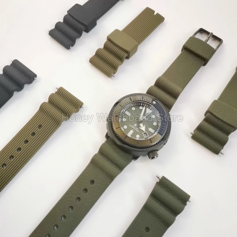 Flache Schnittstelle Silikonarmband 22 mm Schwarz Grün Weiß für Seiko Tuna Can PROSPEX Diver SNE499/545P1/547P1/537 Schmutzabweisend Image