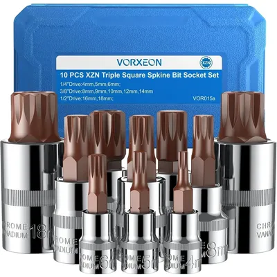 10 Pcs Triple Square Spline Bit Socket Set M4 - M18, S2 Alloy Steel and CR-V XZN Sockets with Storage Case, 1/4” 3/8” 1/2” Drive