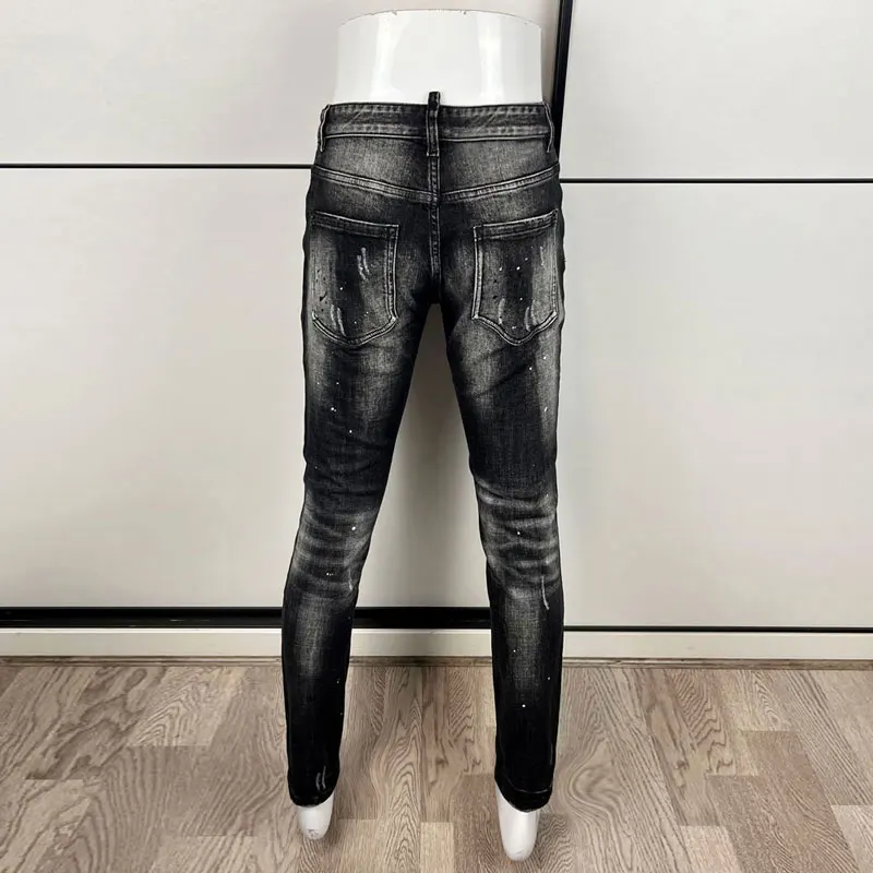 Y2KHigh Street Fashion Jeans Stretch Abnehmen Gewaschen Zerkratzt Faltige Jeans Schwarz Grau Hip Hop Marke Bemalte Hosen Hombr