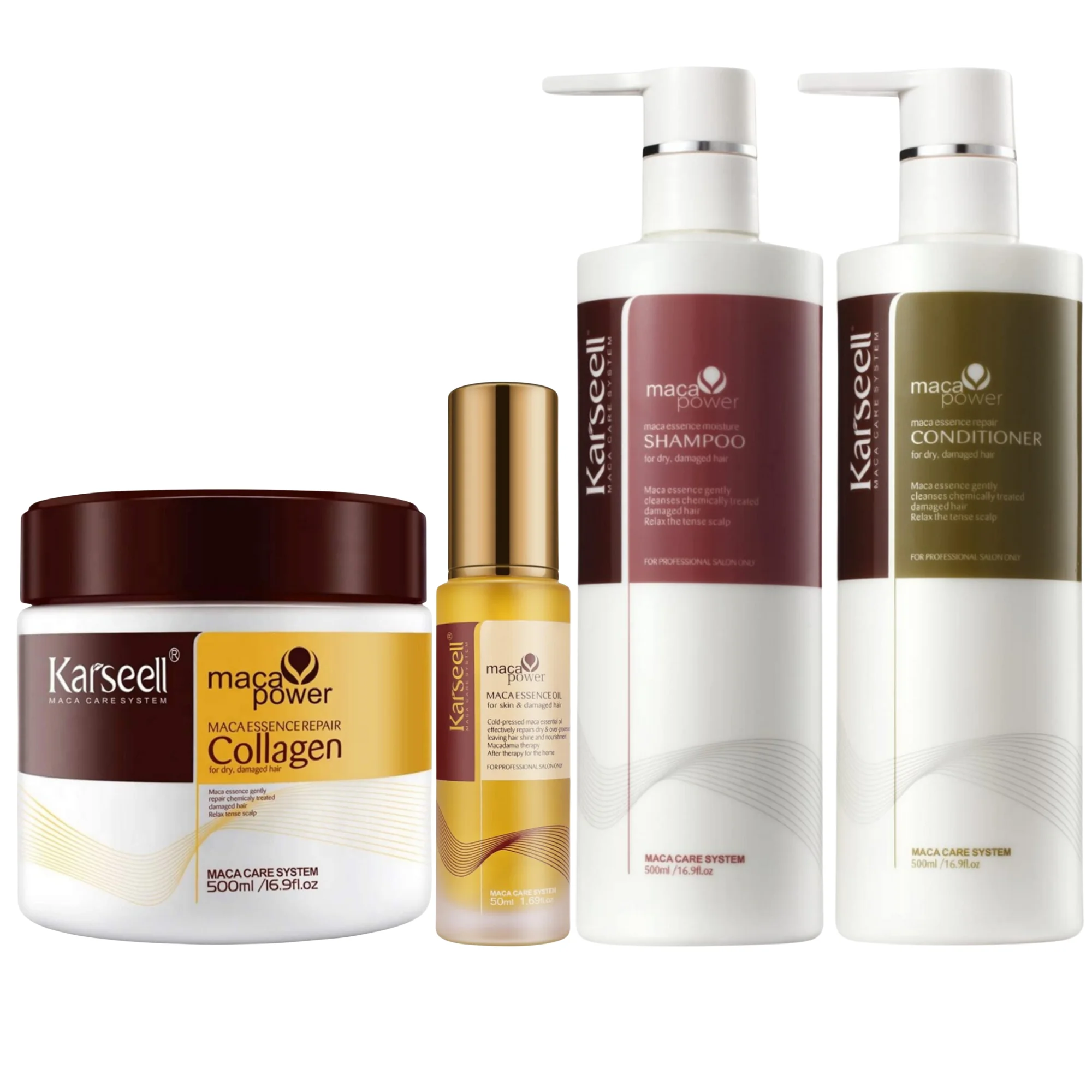 KARSEELL - Set per la cura dei capelli 1 maschera per capelli 500 ml. + 1 Olio di Argan 50ml. + 1 Shampoo Idratante 500ml. + 1 Balsamo Riparatore 500ml. Collagene, Olio di Argan, Essenza di Maca:
