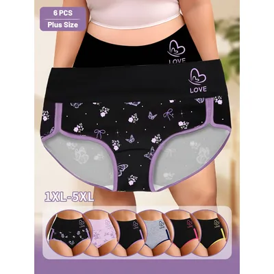 6pcs Multi-Color Combination Women'S Underwear Plus Size Plus Size Underwear Tummy Control Waist Cinching Mid-Rise Underwear 90%