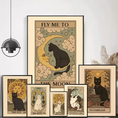 Retro Moon Queen Sun Love Dead Cat Tarot Card Poster Canvas Painting Art Modern Home House Bar Room Wall Decoration Art Gift