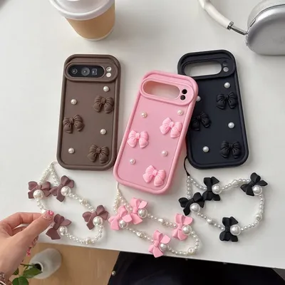 Bow Tie Pearl Chain Rope Phone Case For Google Pixel 7 8 9 Pro XL 7A 8A 8 9 Google Pixel 7 Pixel 8 8A Pixel 9 Pro XL Soft Cover