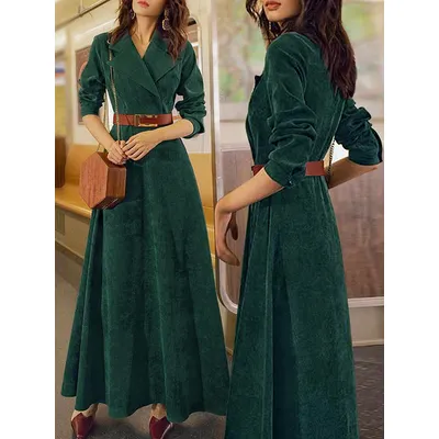 Formal Office Corduroy Shirt Dress Autumn Winter Long Dresses With Sleeves Belt Elegant Women's Dresses 2025 Woman Clothing