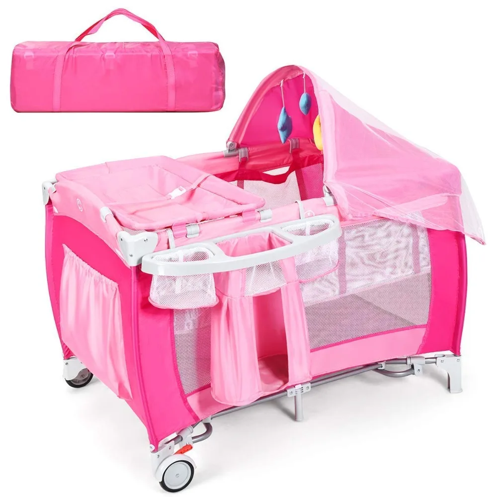 Pack and Play with Bassinet, 4-in-1 Portable Baby Playard w/Changing Table, Net & Cute Toys, Diaper Storage Bag, Music