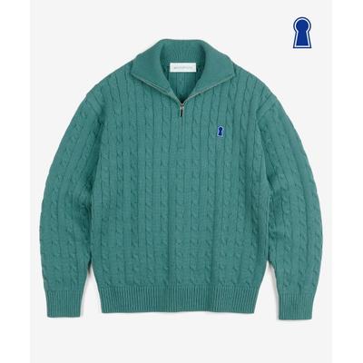 secondmonolgue Heavyweight Keyhole Cable Half Zip Knit Jade Green COOSKT042J. GREEN
