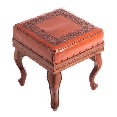 Leather and cedar ottoman, 'Inca Frieze'