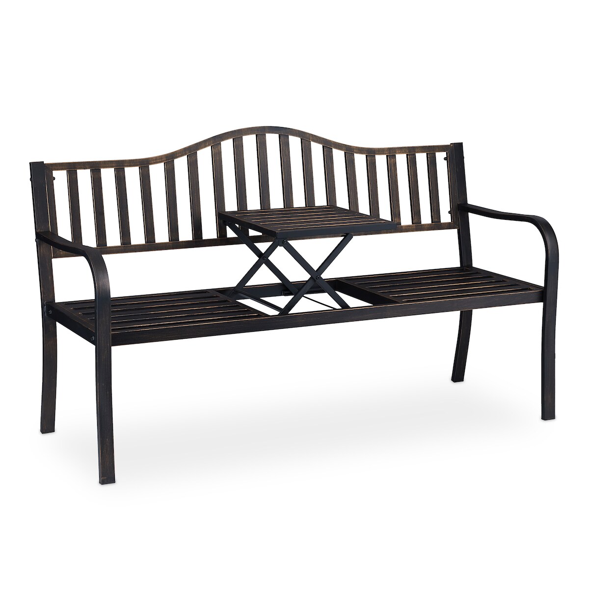 Relaxdays Gartenbank mit klappbarem Tisch, 3-Sitzer, Garten, Metall Balkonbank, HBT 89 x 150 x 58,5 cm, schwarz-bronze Image