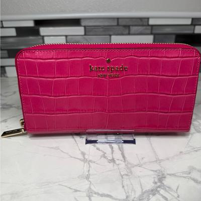 Kate Spade Bags | Kate Spade Spencer Croc-Embossed Leather Zip-Around Continental Wallet - Euc | Color: Pink | Size: 3.8"H X 7.6"W X 0.9"D