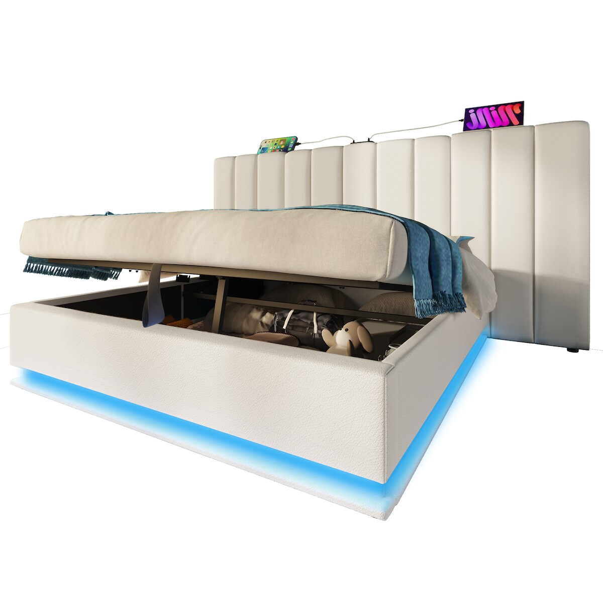 OKWISH Polsterbett 180x200 LED 360° App Steuerung USB Type-C Ladefunktion hydraulischer Stauraum Matratze 720 Federn Leinen PU-Leder stabil Weiß Image